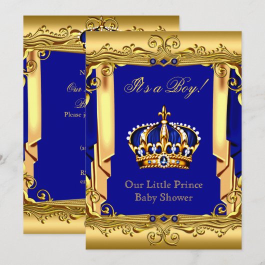 Invitation Baby shower Royal Blue Navy Gold Crown (Devant / Derrière)