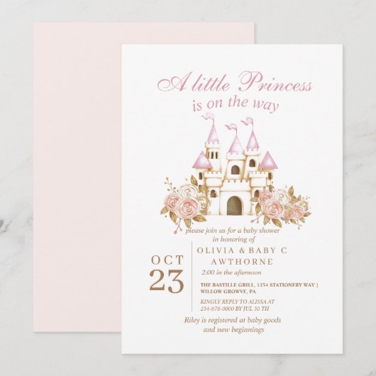 Invitation Baby shower Royal Castle Princess (Devant / Derrière)