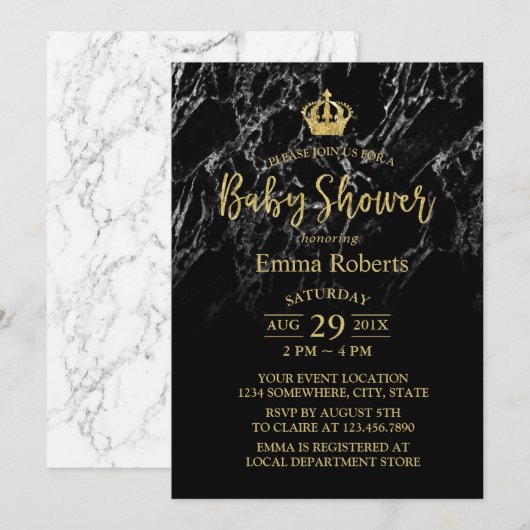 Invitation Baby shower Royal Gold Crown Élégant marbre noir (Devant / Derrière)