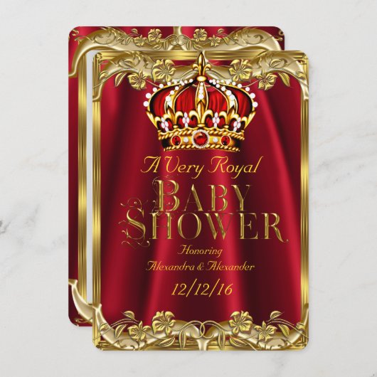 Invitation Baby shower Royal Regal Red Gold Crown (Devant / Derrière)