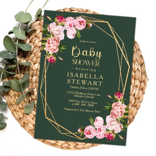 Invitation Baby shower Royal Vert Géométrique Rose