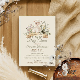 Invitation Baby Shower Ruban Botanique Mouton Crème Agneau