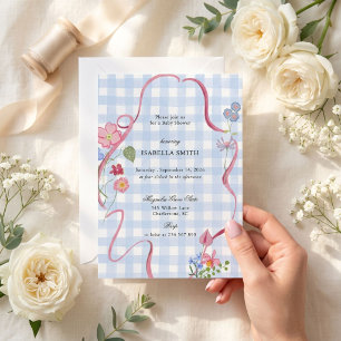 Invitation Baby shower ruban floral à carreaux bleus