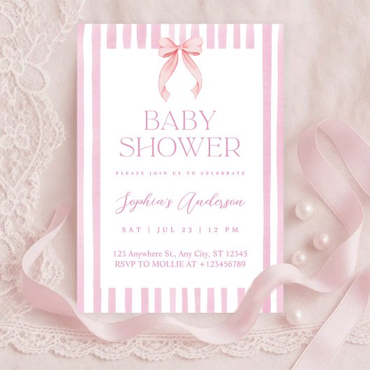 Invitation Baby shower ruban rayé rose