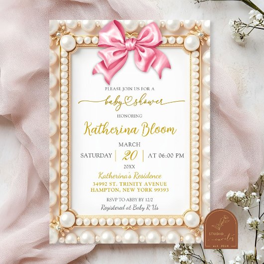 Invitation Baby Shower Ruban Rose Perle