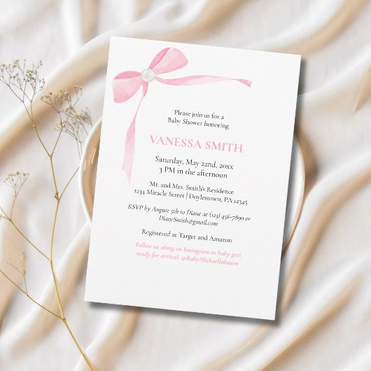 Invitation Baby Shower Ruban Rose Perle Blanche Bébé Fille Mo