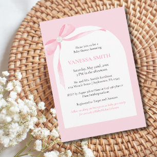 Invitation Baby Shower Ruban Rose Perle Blanche Bébé Fille Mo