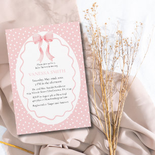 Invitation Baby Shower Ruban Rose Points Bébé Fille Moderne