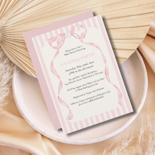 Invitation Baby Shower Ruban Rose Rayures Bébé Fille Moderne