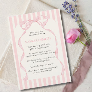 Invitation Baby Shower Ruban Rose Rayures Bébé Fille Moderne