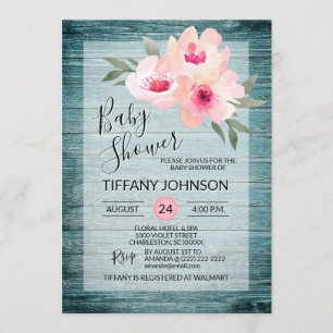 Invitation Baby shower Russe bleu rose floral Aquarelle
