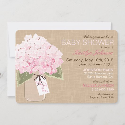 Invitation Baby shower russe de Hydrangea Mason Jar rose (Devant)