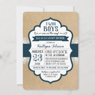 Invitation Baby shower Russe Kraft Paper Lace Navy
