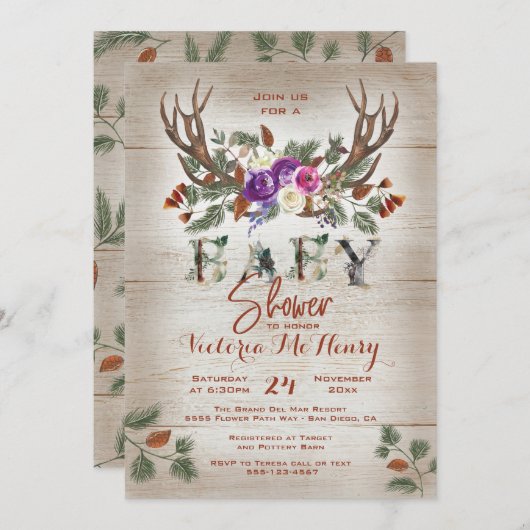 Invitation Baby shower Rustic Antlers & Pine Branches (Devant / Derrière)