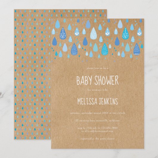 Invitation Baby shower Rustic Baby Blue Raindrops / Saupoudra (Devant / Derrière)
