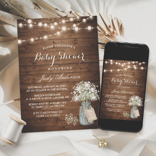 Invitation Baby shower Rustic Baby's Breath Floral Mason Jar