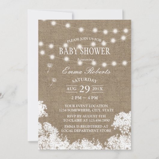 Invitation Baby shower Rustic Baby's Breath String Lumières (Devant)