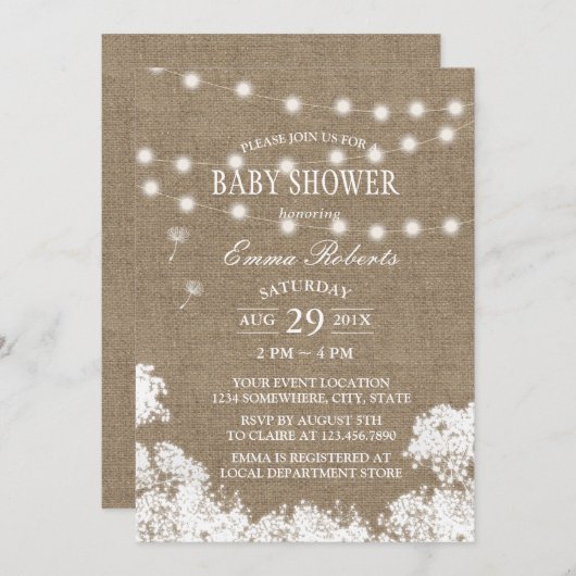 Invitation Baby shower Rustic Baby's Breath String Lumières (Devant / Derrière)