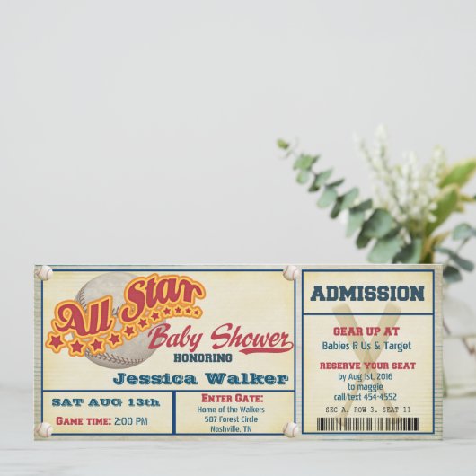 Invitation Baby shower Rustic Baseball Ticket (Debout devant)