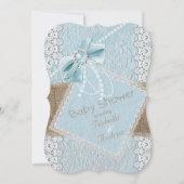 Invitation Baby shower Rustic Blue Bow Pearl Lace Burlap (Devant)