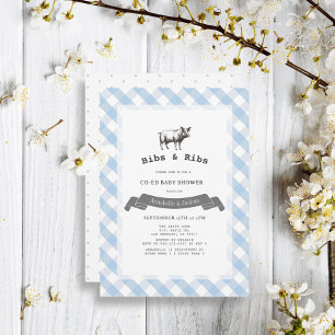 Invitation Baby shower Rustic Blue En vichy Co-Ed Bibs & Ribs