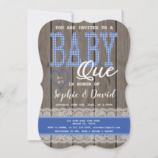 Invitation Baby shower Rustic Blue En vichy Wood Boy  BBQ (Devant)