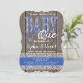 Invitation Baby shower Rustic Blue En vichy Wood Boy BBQ (Debout devant)