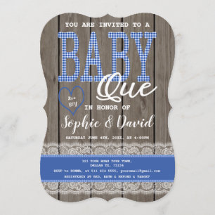Invitation Baby shower Rustic Blue En vichy Wood Boy  BBQ