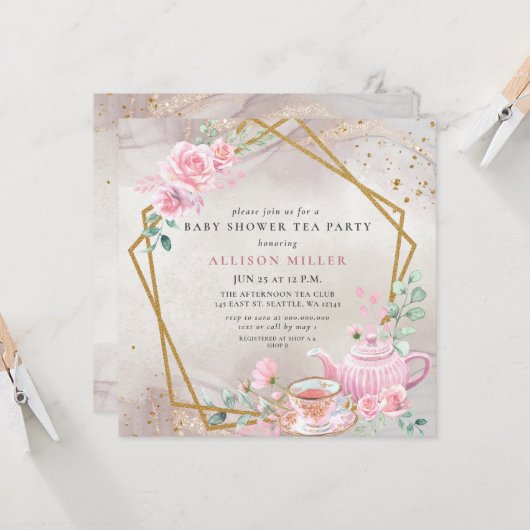 Invitation Baby shower Rustic Blush Rose Gold Tea Party (Devant/Arrière en situation)