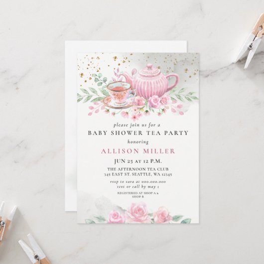 Invitation Baby shower Rustic Blush Rose Gold Tea Party (Devant/Arrière en situation)