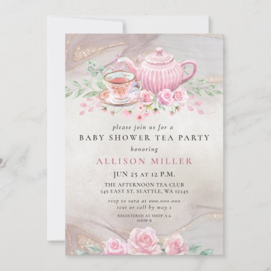 Invitation Baby shower Rustic Blush Rose Gold Tea Party (Devant)
