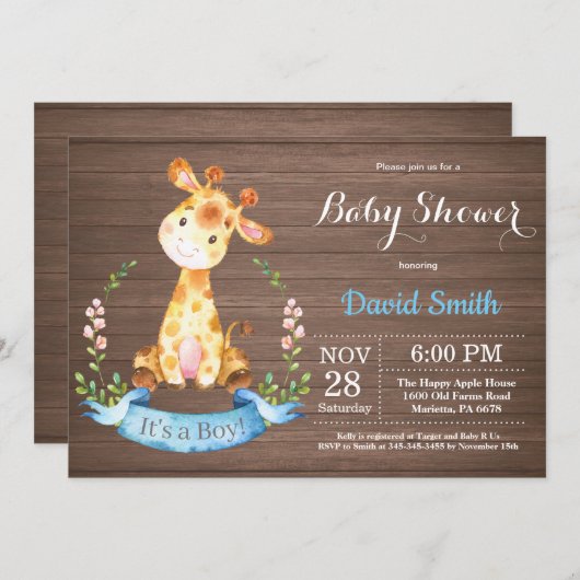 Invitation Baby shower Rustic Boy Giraffe (Devant / Derrière)