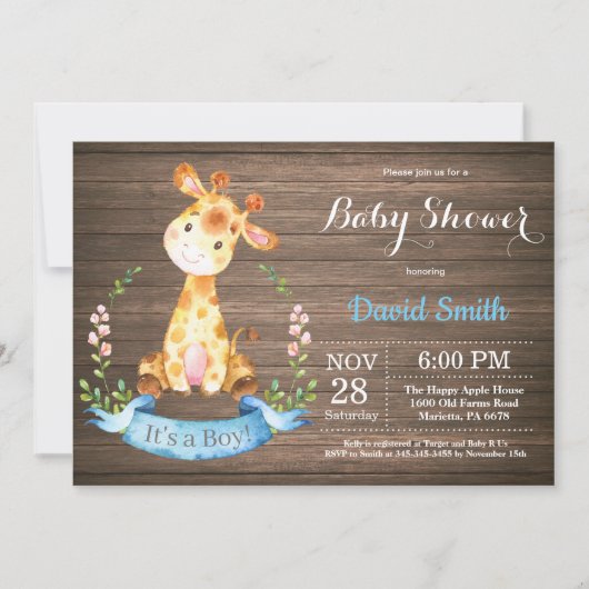 Invitation Baby shower Rustic Boy Giraffe (Devant)