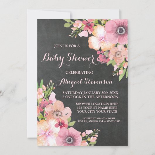 Invitation Baby shower Rustic Chalkboard Watercolor Flowers (Dos)