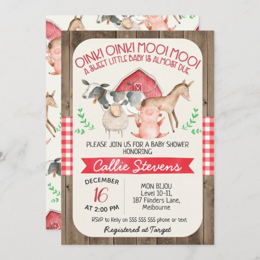 Invitation Baby shower Rustic Farm Animals (Devant / Derrière)