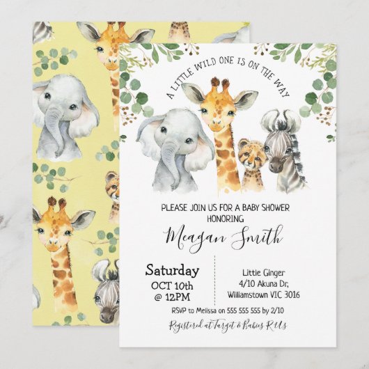Invitation Baby shower Rustic Foliage Safari Animaux (Devant / Derrière)