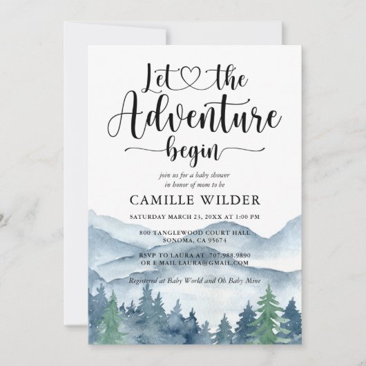 Invitation Baby shower Rustic Forest Adventure Mountains (Devant)