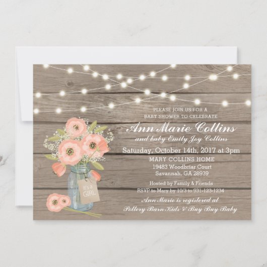 Invitation Baby shower Rustic String Lights Babys Breath Girl (Devant)