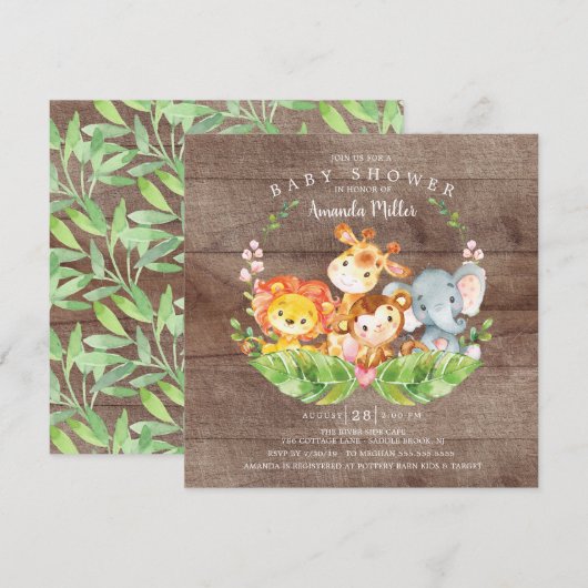 Invitation Baby shower Rustic Sweet Jungle Safari Animaux (Devant / Derrière)