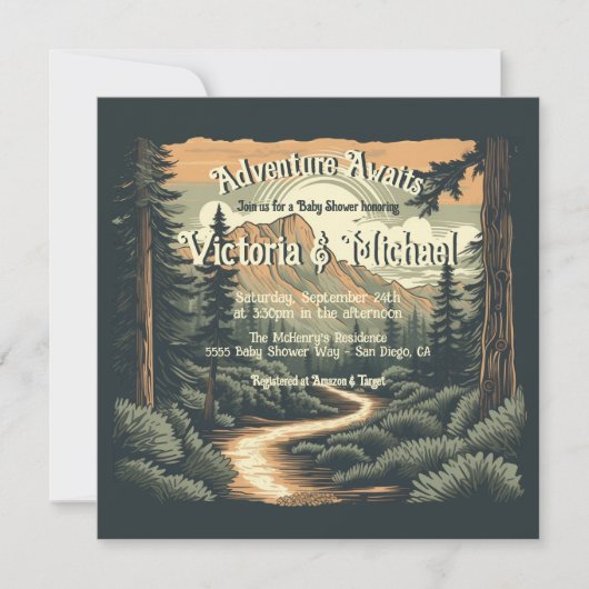 Invitation Baby shower Rustique Adventure Mountain Forest (Devant)