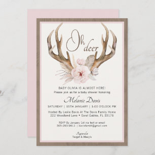 Invitation Baby shower rustique Antler rose pâle