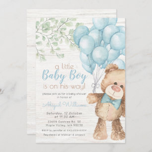 Invitation Baby shower Rustique Aquarelle Bleu Ours Garçon