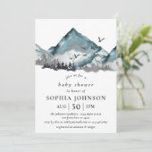Invitation Baby shower rustique Aquarelle Montagne Bois (Debout devant)