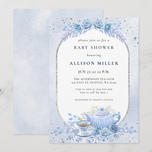 Invitation Baby shower Rustique Blue Floral Tea Party (Devant / Derrière)