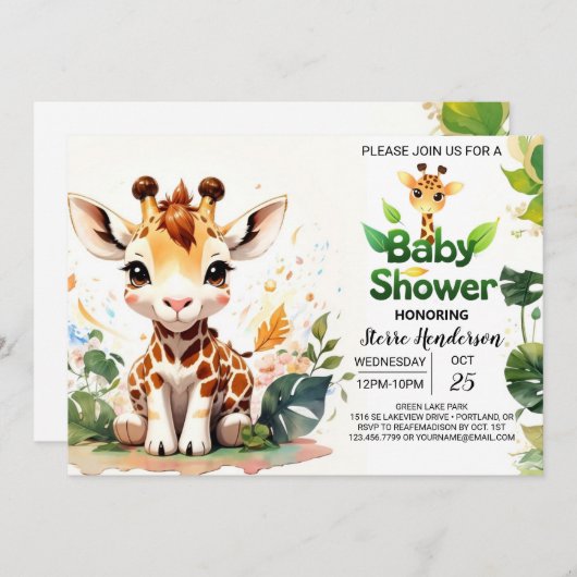 Invitation Baby shower Rustique Boho Charm Giraffe (Devant / Derrière)