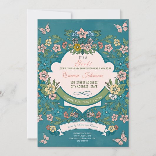 Invitation Baby shower Rustique Boho Fleur sauvage fille (Devant)