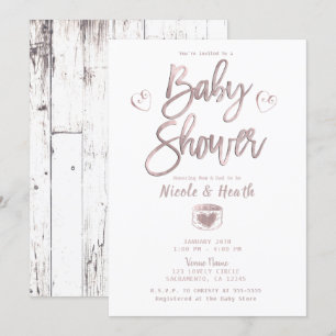 Invitation Baby Shower Rustique Bois Blanc Rose Gold Rose