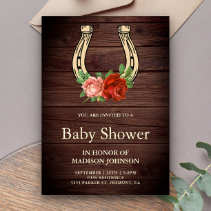 Invitation Baby shower rustique Bois Floral Horseshoe