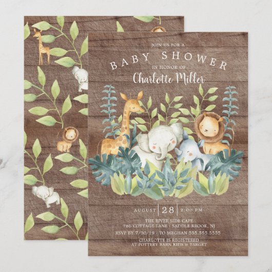 Invitation Baby shower Rustique Bois Jungle Animaux (Devant / Derrière)