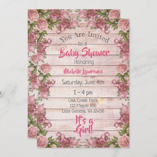 Invitation Baby shower Rustique Bois Rose Roses (Devant / Derrière)